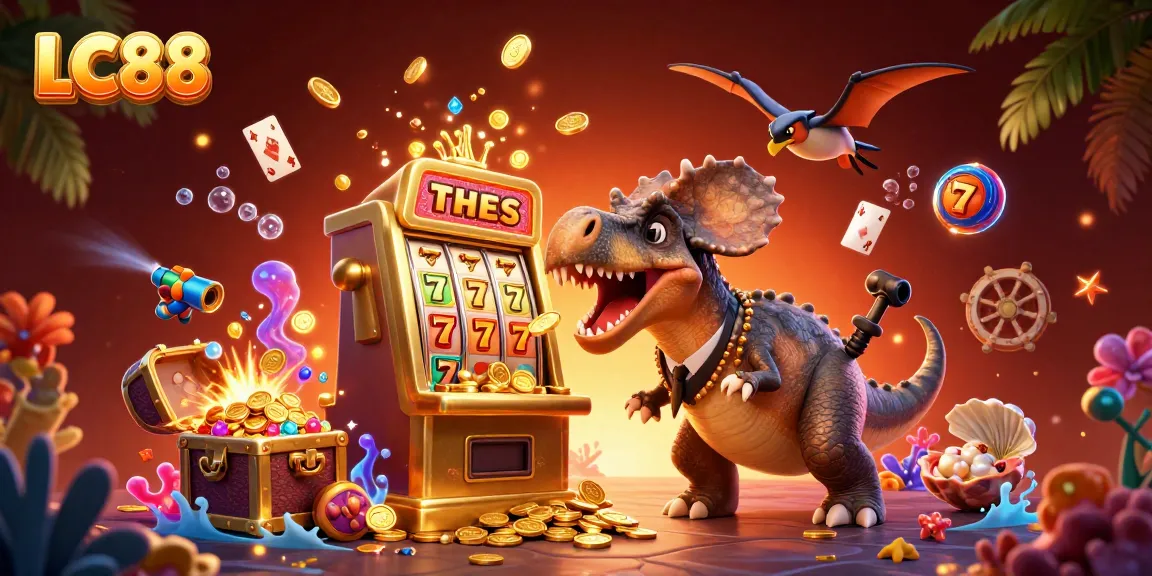 LC88 jackpot moments as a pachycephalosaurus wins coins with a slot machine in a vibrant casino scene