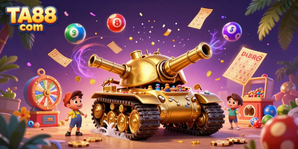 Experience TA88 com with a fantasy casino tank, casino elements, and dynamic lottery balls burst outward.