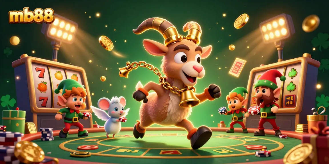 Experience the excitement of mb88 with a lively casino scene featuring a Krampus goat, angel mouse, and elf gremlins.