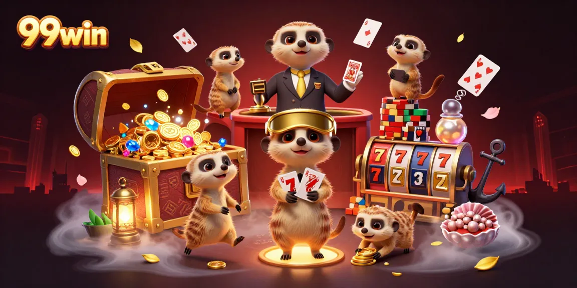 Experience 99win's vibrant casino atmosphere with meerkats handling chips in a colorful scene.
