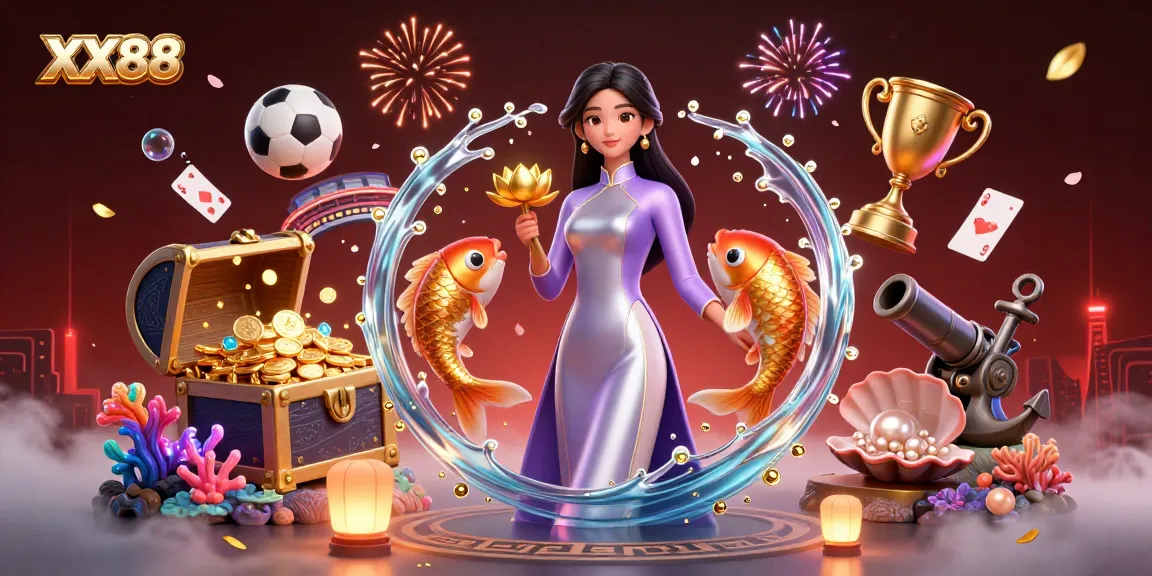 Experience thrilling sports betting at XX88 with dynamic visuals of Asian woman and koi fish.