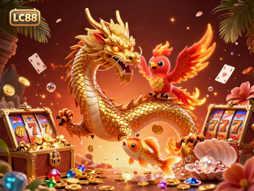 Experience thrilling gaming at LC88 with a vibrant scene featuring a golden dragon, phoenix, and koi fish.
