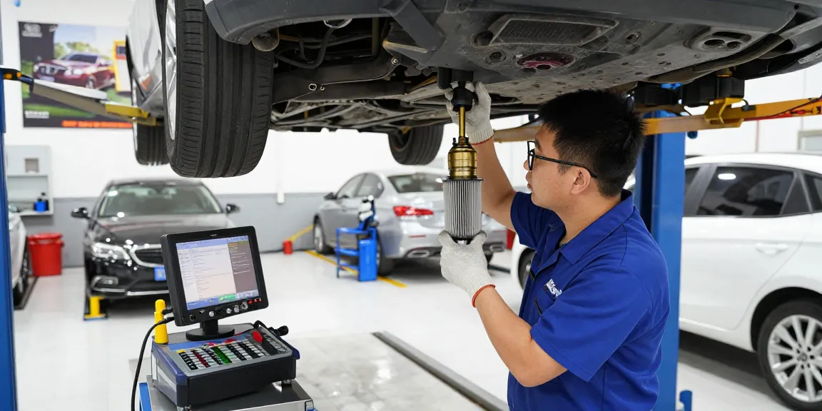 DPF Reinigung Hannover, präsentiert von einem Techniker, der den Dieselpartikelfilter in einer professionellen Automobilumgebung inspiziert.