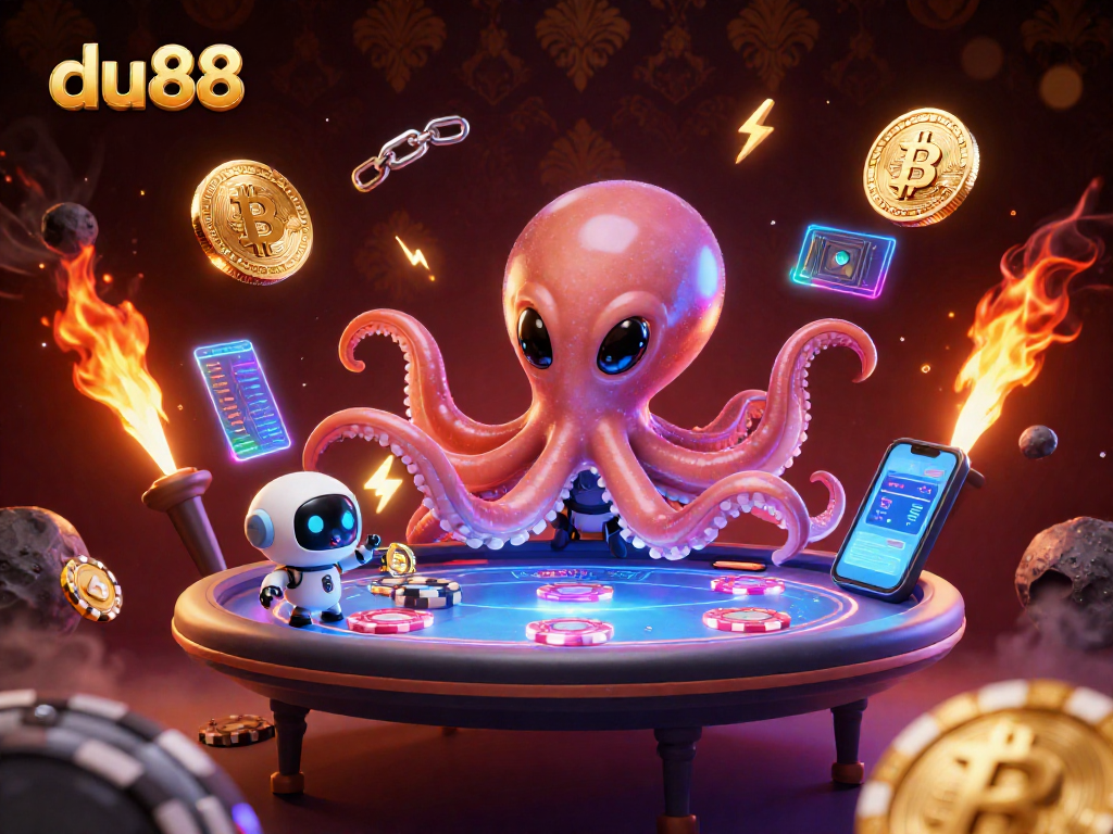 Join du88's thrilling cosmic poker game with an alien octopus and robot, surrounded by vibrant crypto elements.