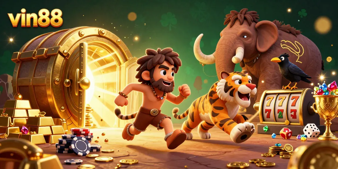 Experience the thrill of vin88 at a prehistoric casino with captivating 3D characters and dynamic game elements.
