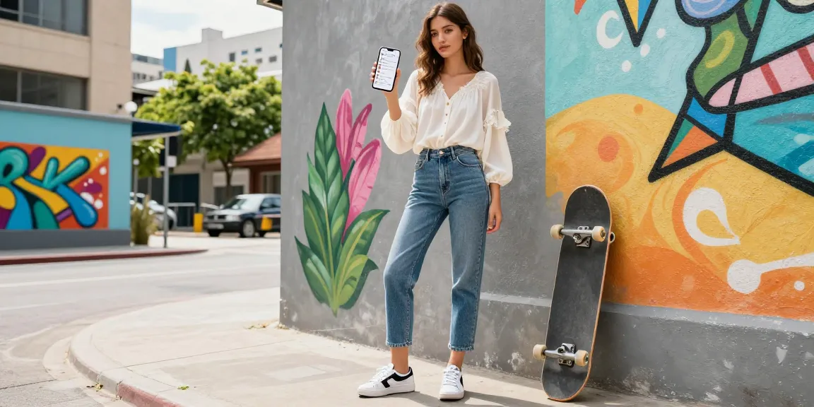 Weibliche Instagram Likes kaufen und das modische Stadtleben genießen, junges Model in stylischer Kleidung, Smartphone mit sozialen Medien.