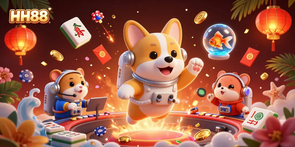 Experience thrilling moments at HH88 with an astronaut corgi enjoying virtual gaming in a vibrant casino