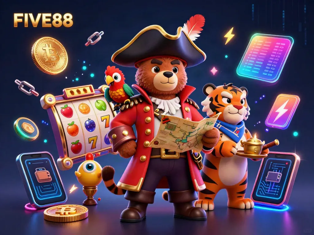 Experience exciting slot fun with FIVE88 featuring vibrant characters and dynamic game elements in a thrilling casino scene.