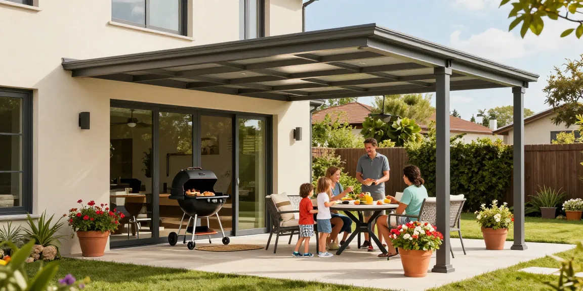 Familie genießt Zeit unter einer modernen Terrassenüberdachung in einem einladenden Garten.