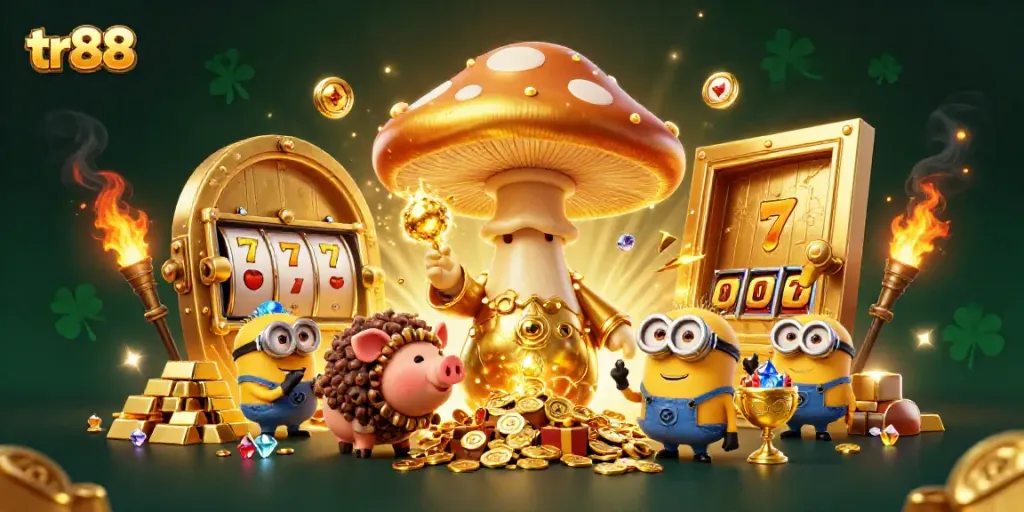 Experience the magic of tr88 with golden treasures and vibrant casino elements in 3D!