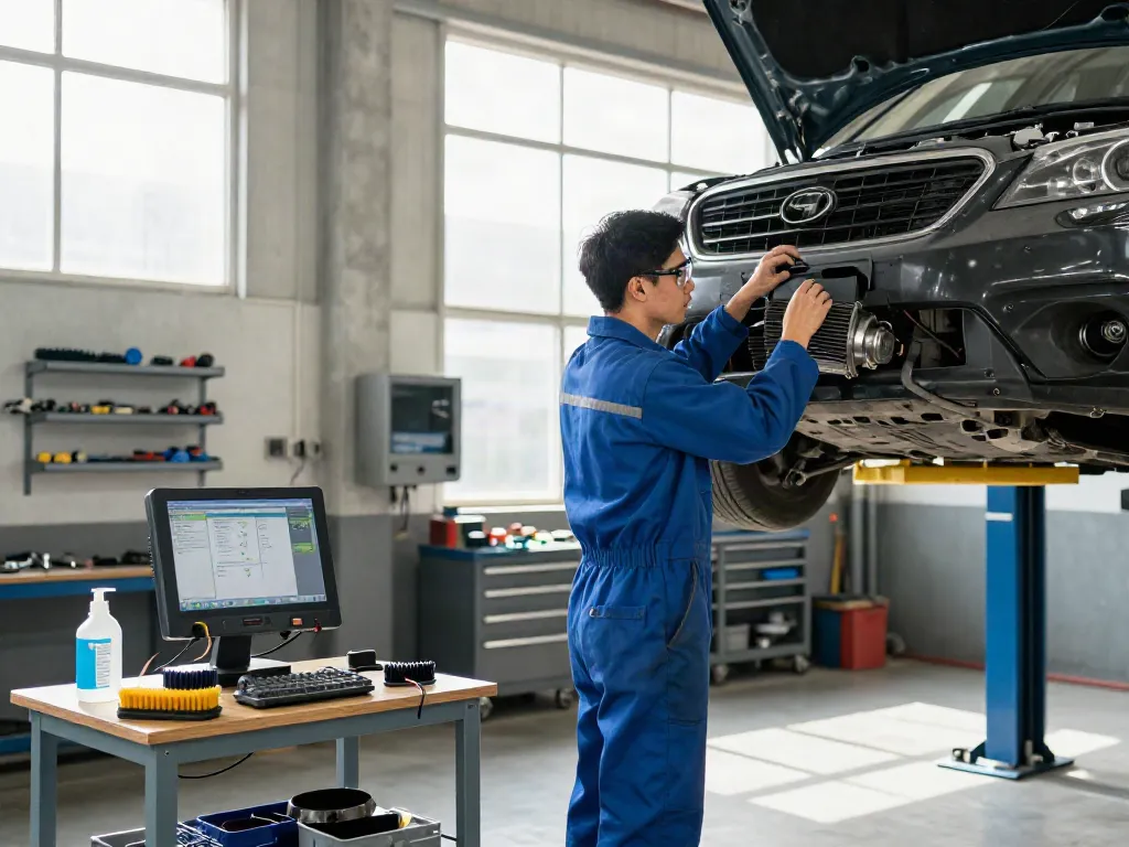 Mechaniker bei der DPF Reinigung in Hannover, intensive Inspektion eines Dieselpartikelfilters in einer Werkstatt.