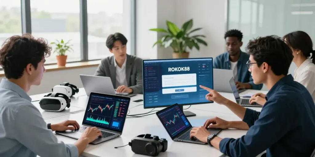 Accessing ROKOK88 login interface in a modern investment workspace with professionals collaborating on virtual property assets.
