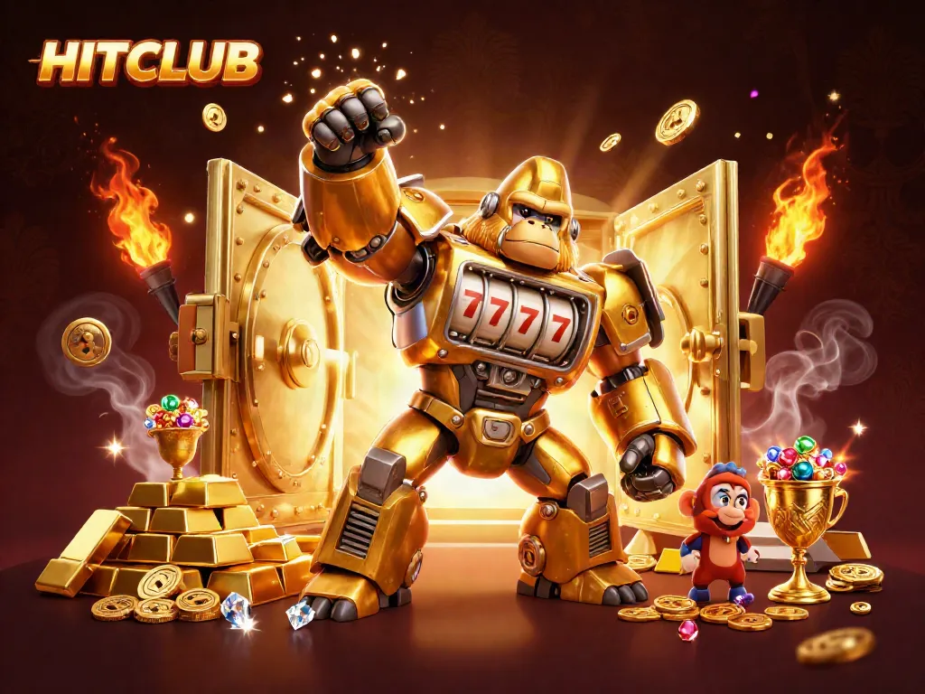 Engage with HITCLUB's exciting golden gorilla mech and dynamic casino elements in a vibrant setting.