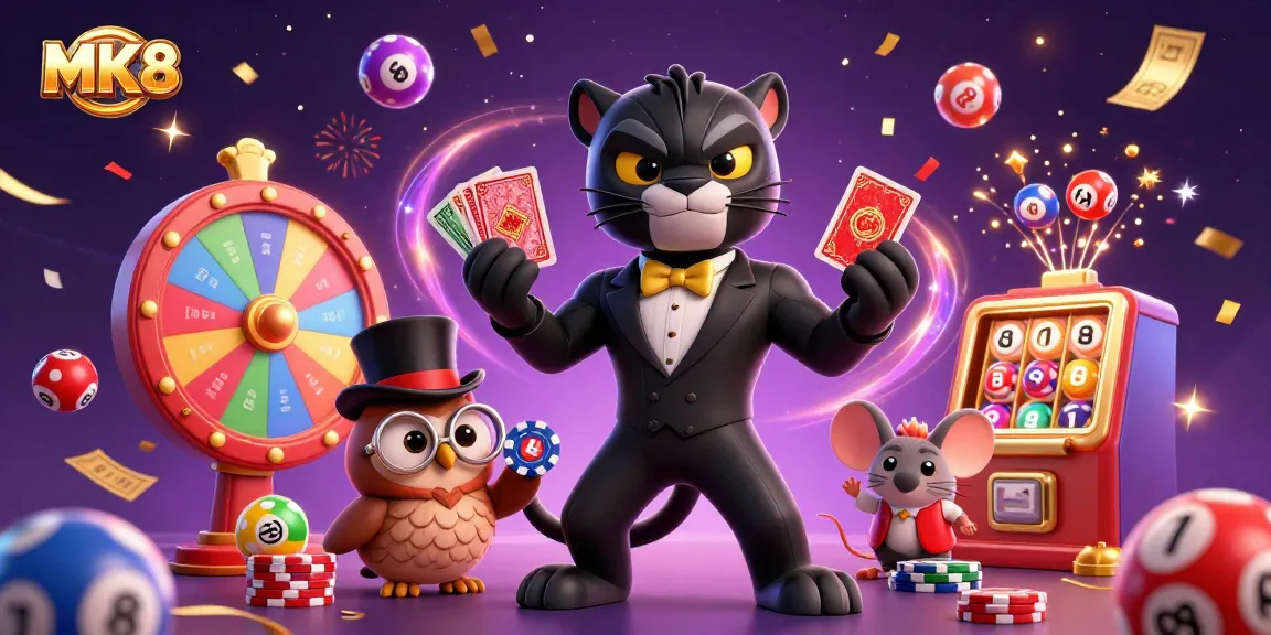 MK8 interactive casino scene with a stylish panther, owl, and lucky mouse amid lottery balls and confetti.