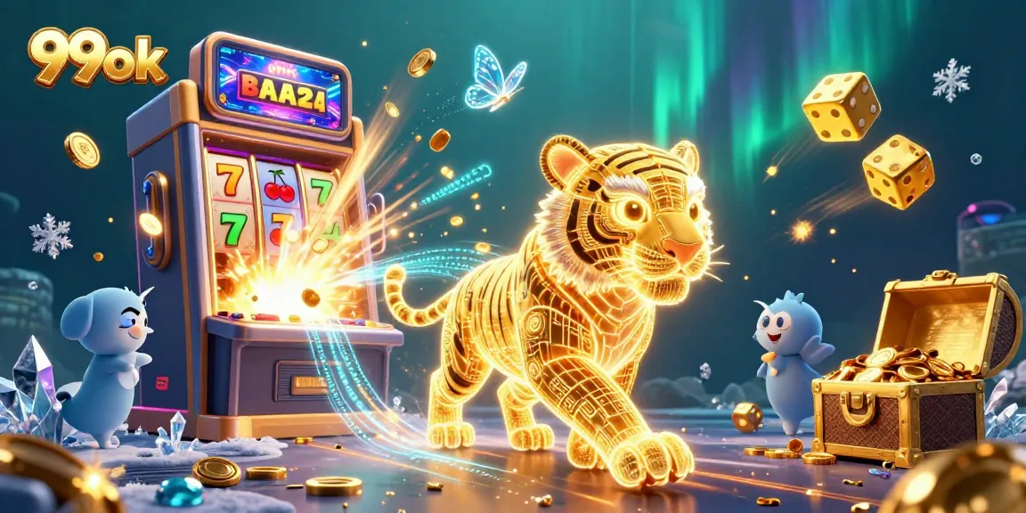 Experience thrilling wins at 99ok casino with a vibrant slot machine and animated characters.