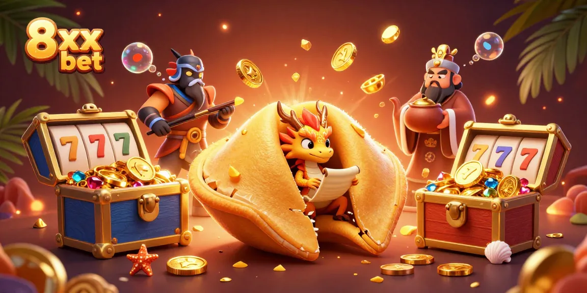 Engage with the vibrant 8xx bet casino world featuring lucky symbols and treasure in this detailed scene.