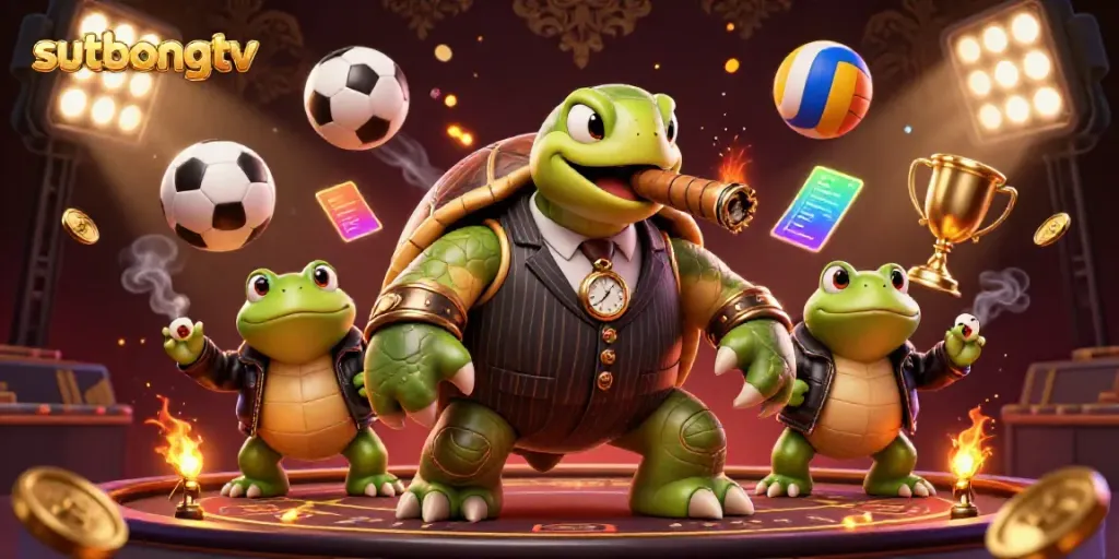 This illustration captures sutbongtv's enchanting casino vibe with cartoon characters engaging in dynamic betting activities.