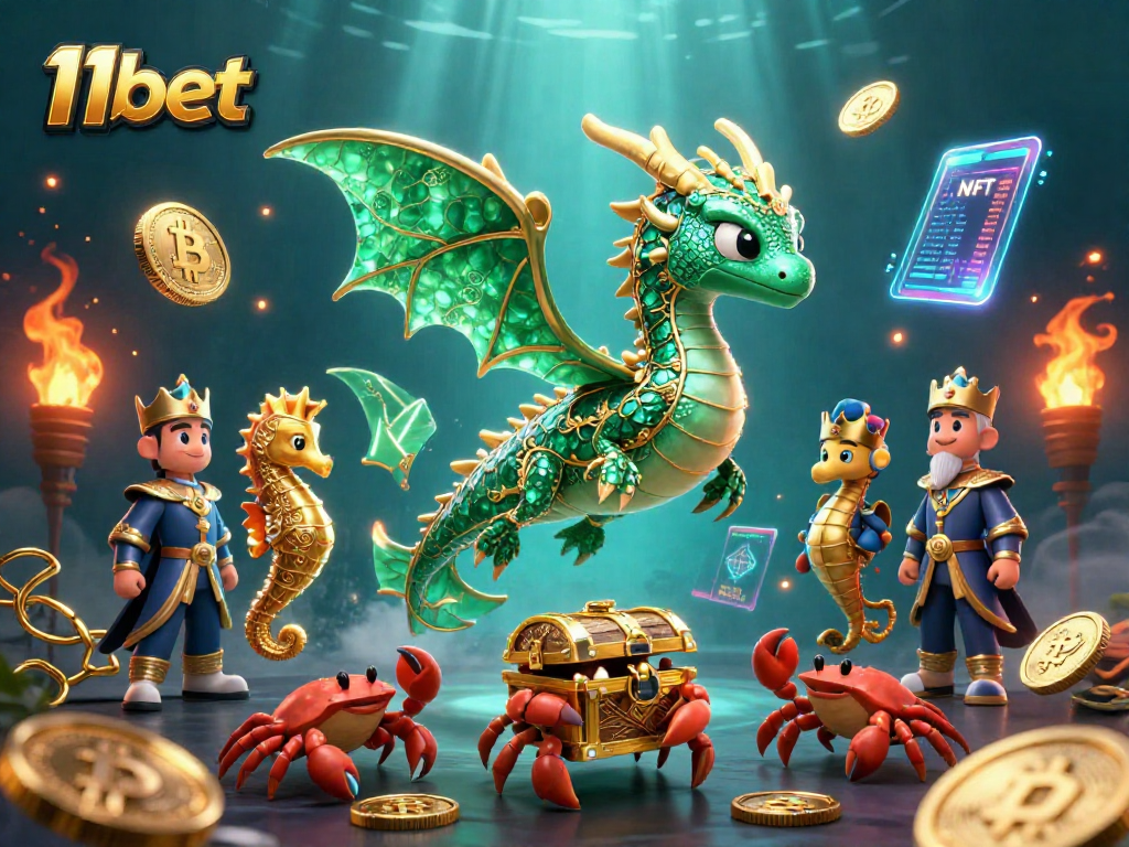 Engage with 11bet's dazzling underwater casino scene featuring a sea dragon, coins, and treasure.