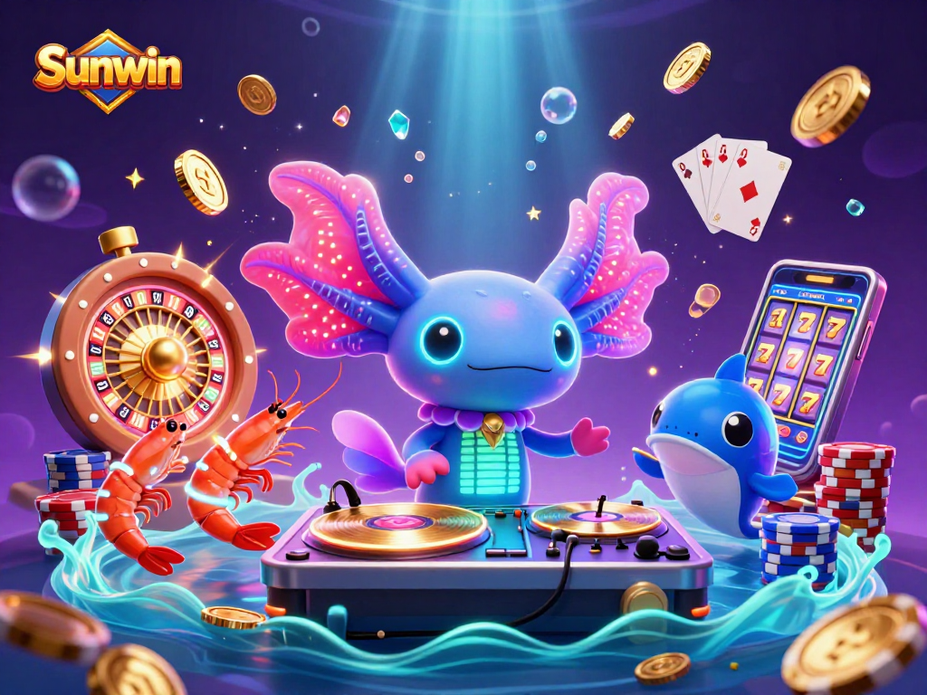 Experience Sunwin's vibrant atmosphere with a DJ axolotl and festivities of luck and winnings.
