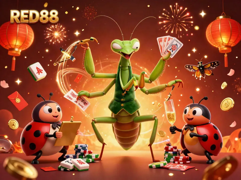 Experience the excitement of RED88 casino with a dynamic 3D illustration of card shuffling, festive fireworks, and vibrant game elements.