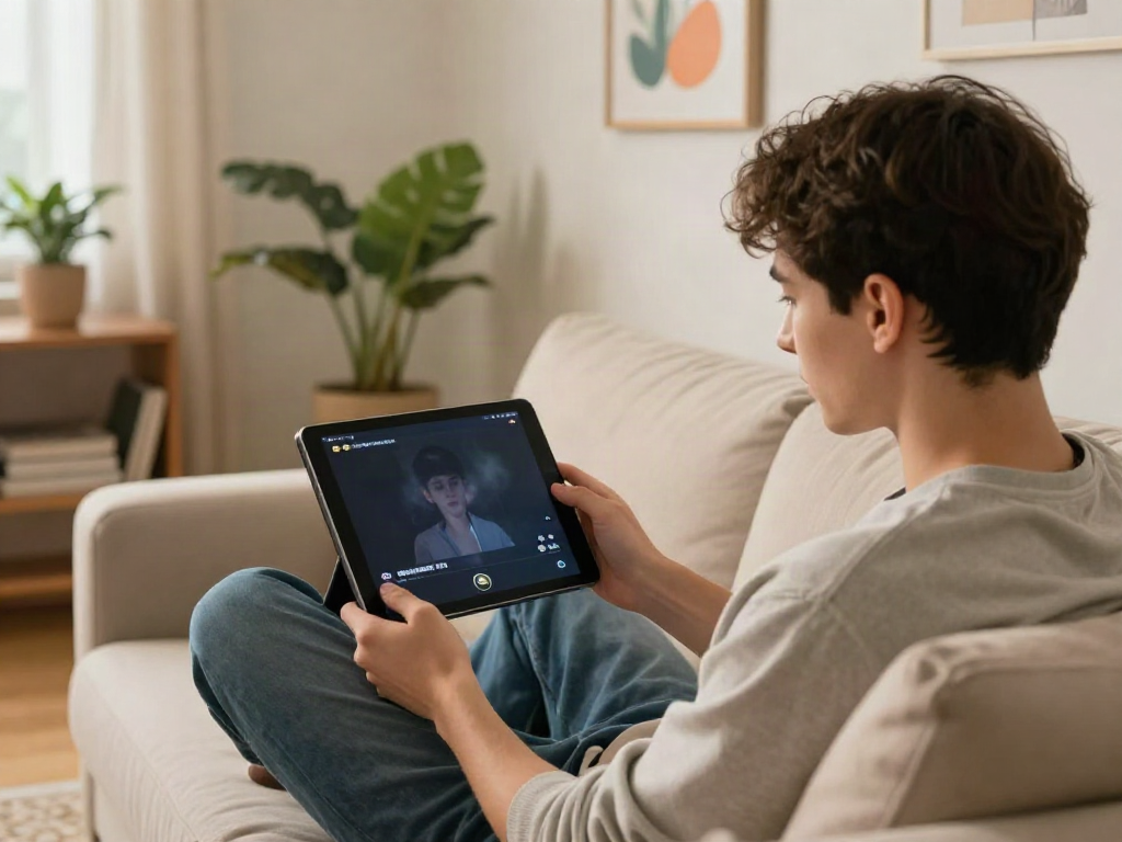 Engaging in a virtual porn chat with an AI companion in a cozy living room.