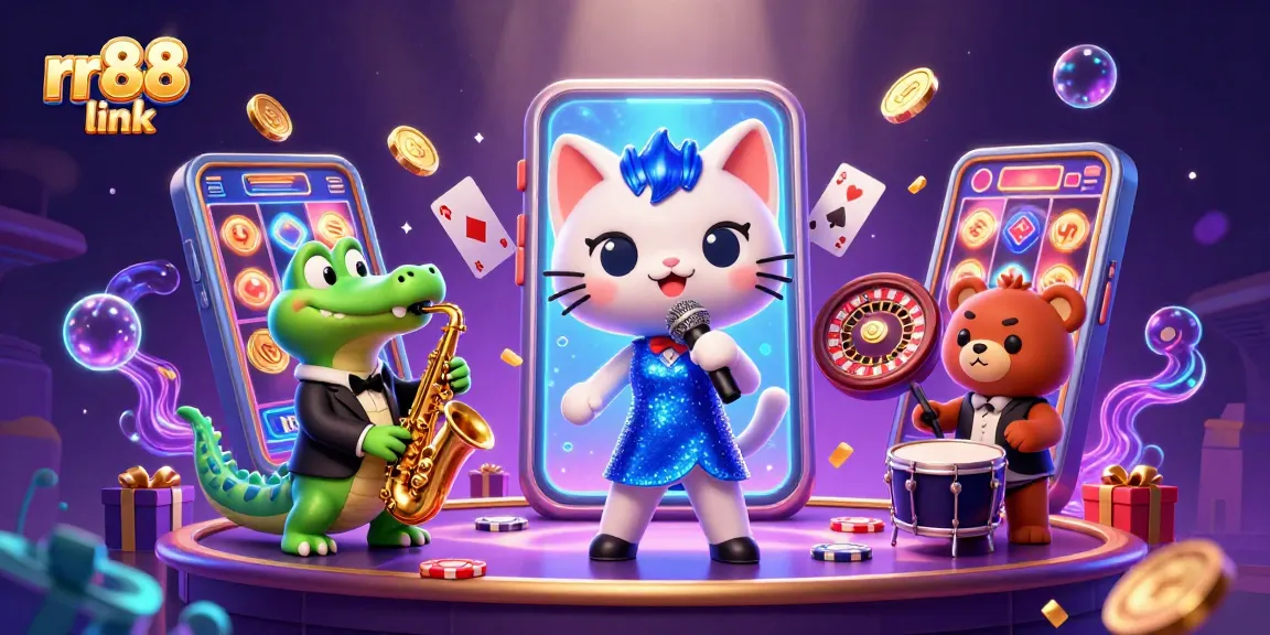 Experience gaming excitement with rr88 link in this vibrant 3D casino illustration featuring lively characters.