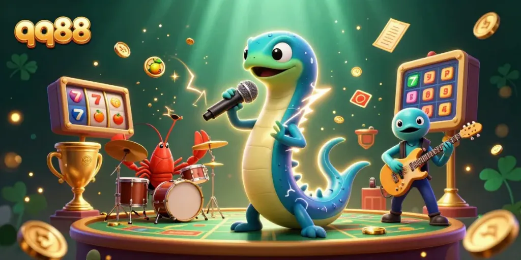Experience thrilling slots at qq88 with a vibrant underwater casino performance featuring lively characters.