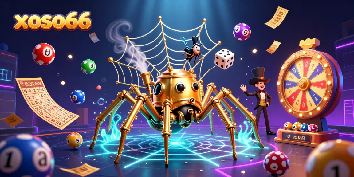 xoso66 entices players with a golden web of lottery fun, featuring vibrant bouncing balls and a steam-driven spider!