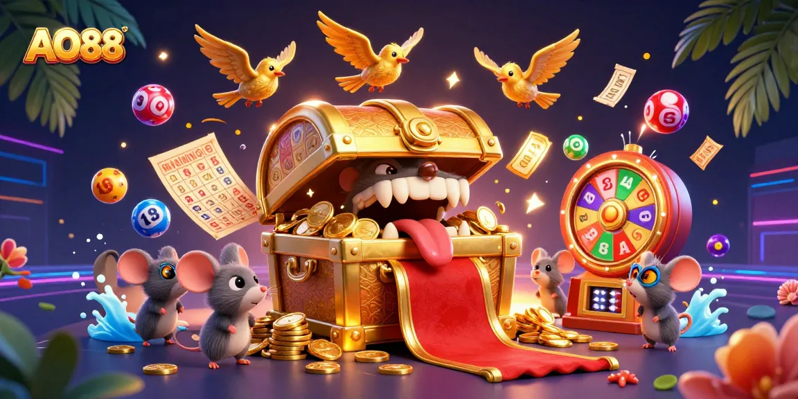 Engage with AO88's thrilling lottery scene showcasing vibrant numbered balls and golden bingo cards