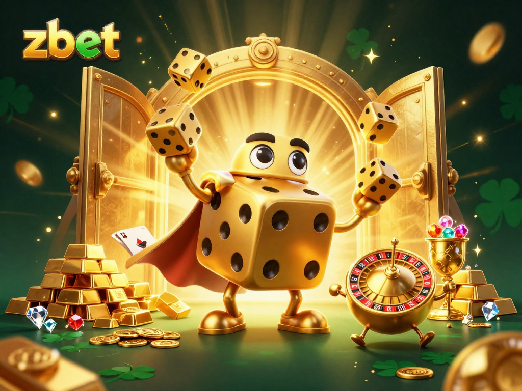 Experience zbet thrills with golden dice golem amid treasure in a vibrant casino illustration.