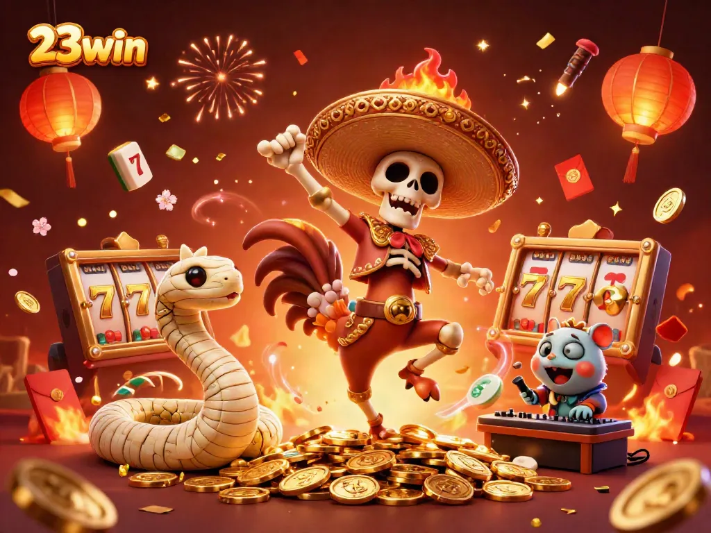 Engage in thrilling fun at 23win with characters dancing amidst a vibrant celebration, full of slot machines and lucky symbols.