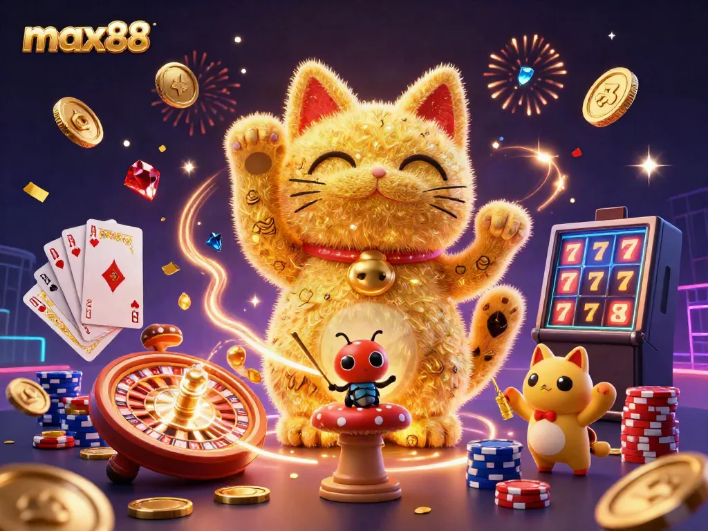 Experience the thrilling world of max88 with a vibrant lucky cat and dynamic casino elements surrounding it.