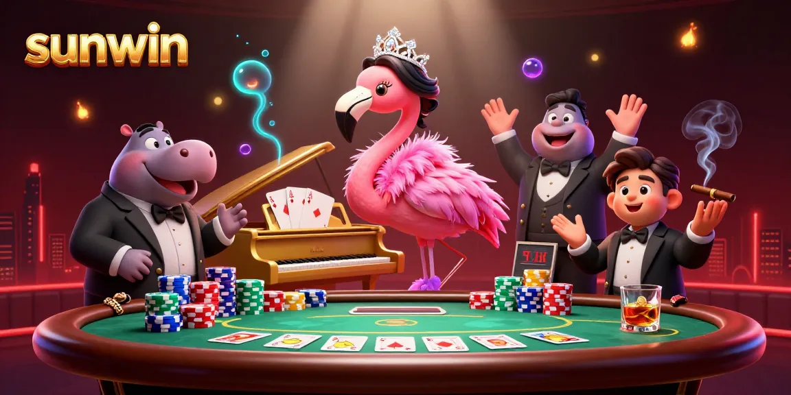 Experience vibrant gameplay with sunwin's glamorous casino scene featuring a singing flamingo and a hippo bassist.