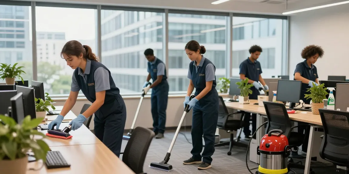 Professionelle Gebäudereinigung Düsseldorf in einem modernen Büro mit Reinigungsteam, das für Sauberkeit sorgt.