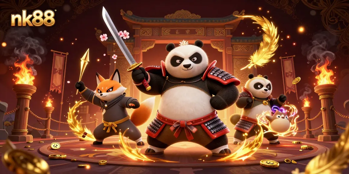 Experience the excitement of nk88 gambling with this vibrant illustration of a samurai panda and companions.