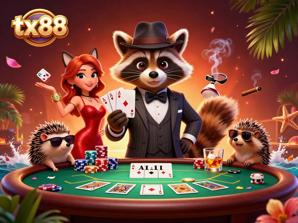 Experience thrilling poker moments with tx 88 as raccoon, fox, and hedgehog characters engage at a vibrant casino scene.