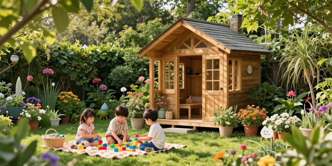 Familie genießt Zeit vor ihrem Gartenhaus im sonnigen Garten mit bunten Blumen.