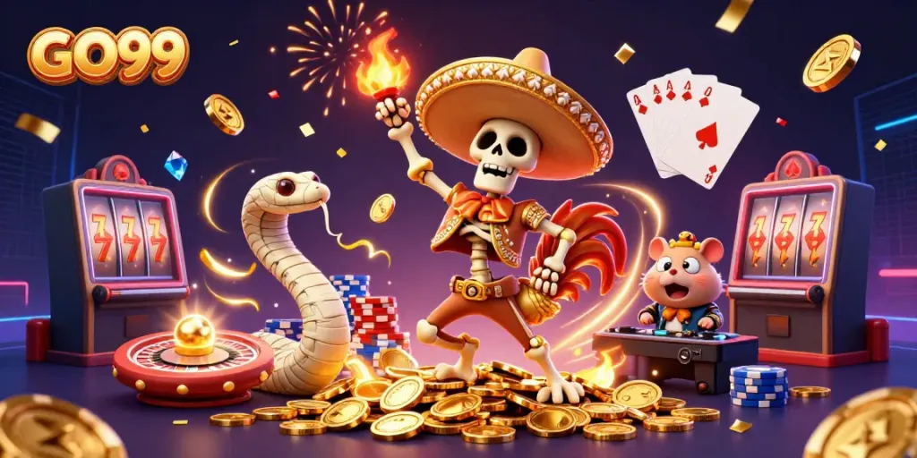 GO99 showcases a festive atmosphere with a lively 3D cartoon scene featuring unique characters celebrating a gaming victory.