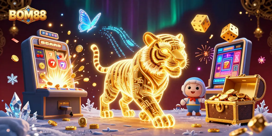 BOM88 engages players with vibrant casino excitement, featuring neon tiger, slot machines, and colorful game elements.