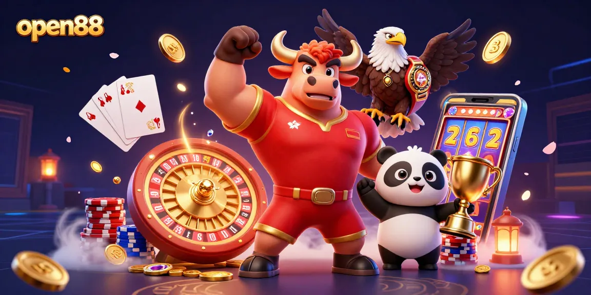 Experience excitement with open88 as lively characters celebrate wins in a vibrant casino setting.
