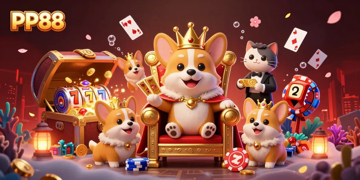 PP88 presents a royal corgi on a poker chip throne with gold coins and vibrant casino elements.