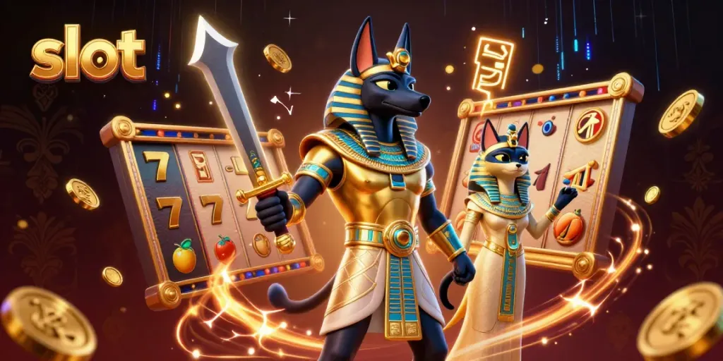 Spin the slot reels with Anubis and Bastet, surrounded by gold coins and jackpots.