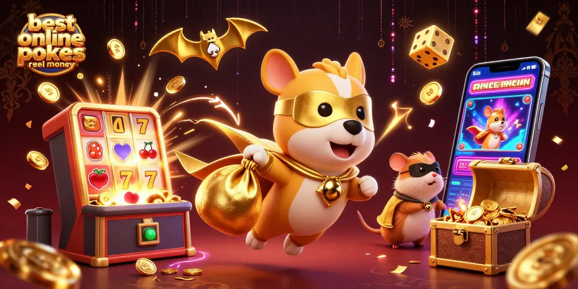 Experience the best online pokies real money with a lively superhero dog and hamster in a colorful casino scene.