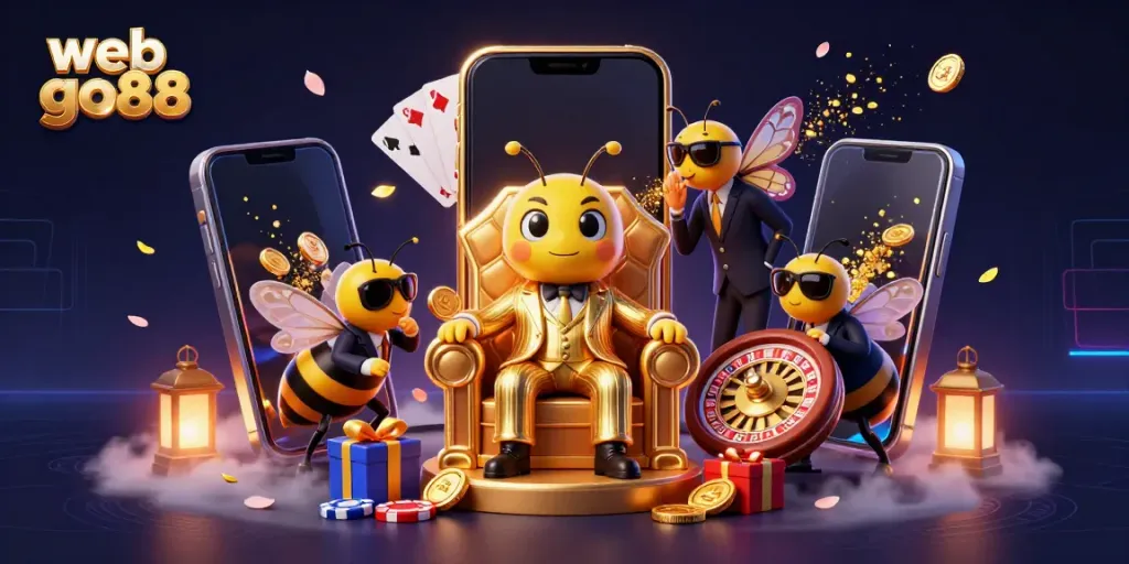 Experience the rich world of web go88 with a lively 3D illustration spotlighting a bumblebee mob boss in a casino-themed scene filled with vibrant game elements.