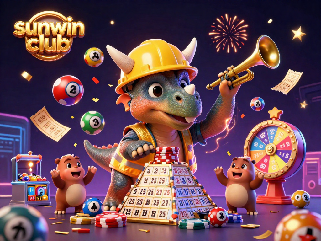 Celebrate with sunwin club in a vibrant 3D casino scene full of excitement and lottery elements.