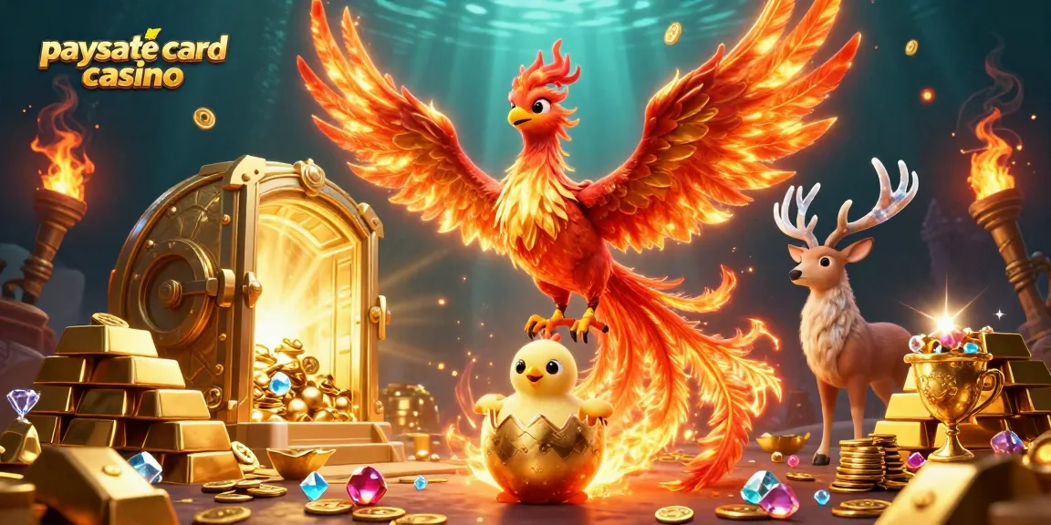 Paysafe Card Casino in einer lebendigen 3D-Illustration mit einem Phönix und Elemente des Schatzes dargestellt.