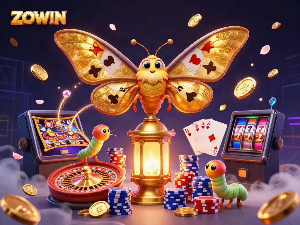 Engage in ZOWIN's vibrant casino world, featuring golden moths and dynamic gaming elements.