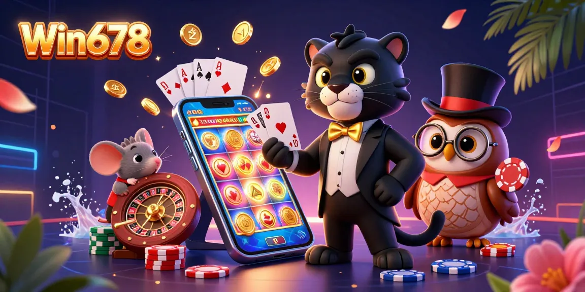 Experience the excitement of gambling with Win678 as the stylish black panther elegantly deals cards amidst casino elements.
