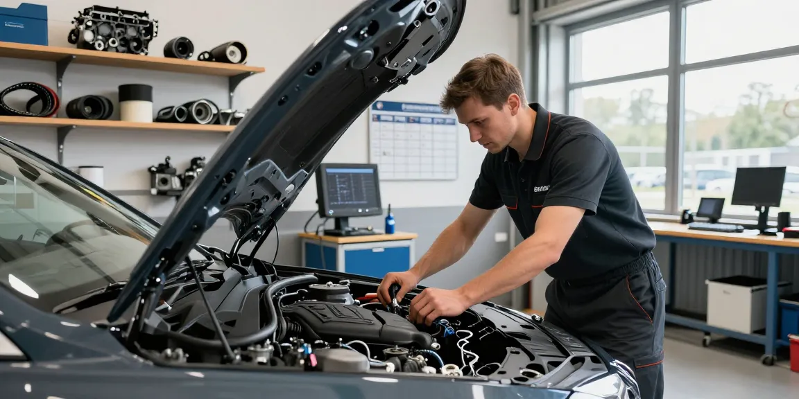 Professioneller BMW-Service Hannover mit einem qualifizierten Techniker, der Motorwartung in einer modernen Garage durchführt.