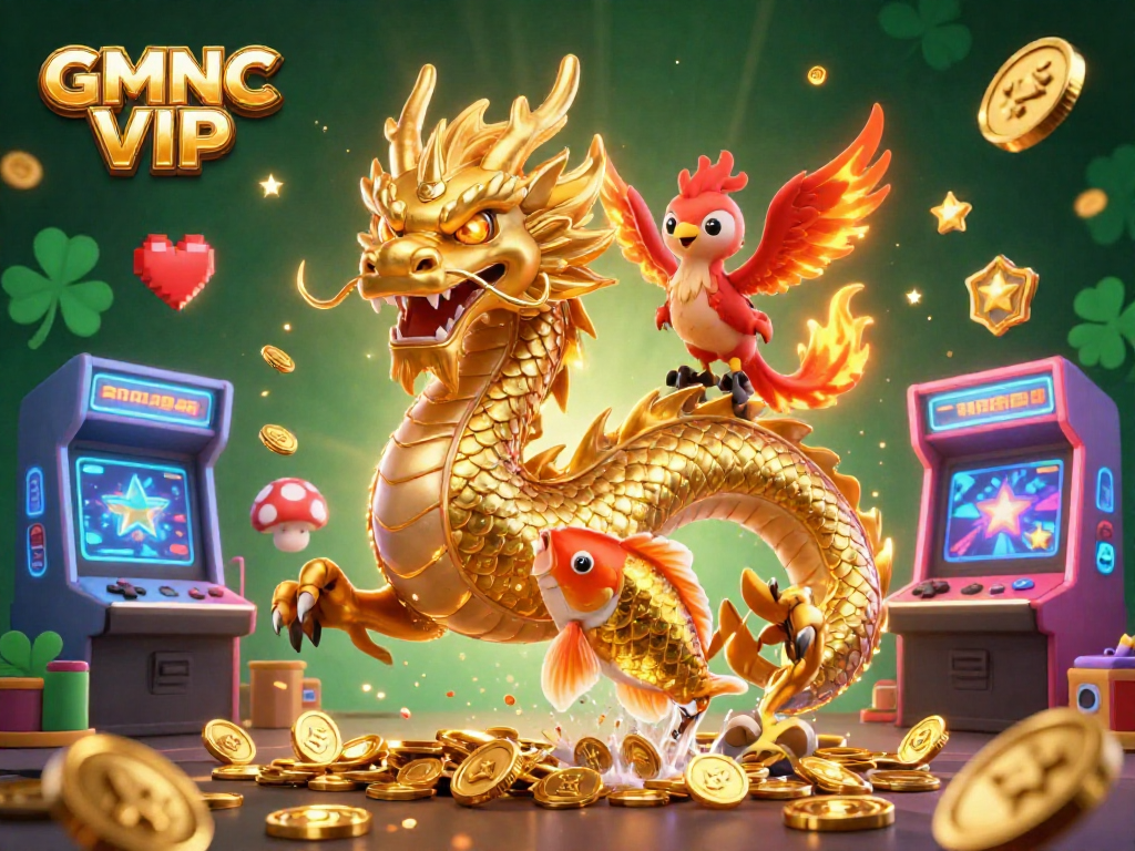Experience excitement and luck with GMNC VIP, featuring a dynamic casino scene with colorful characters and game elements.